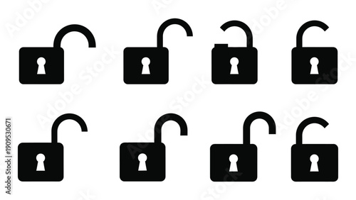 A collection of open and closed padlock icons in a row. isolated on white background, Vector