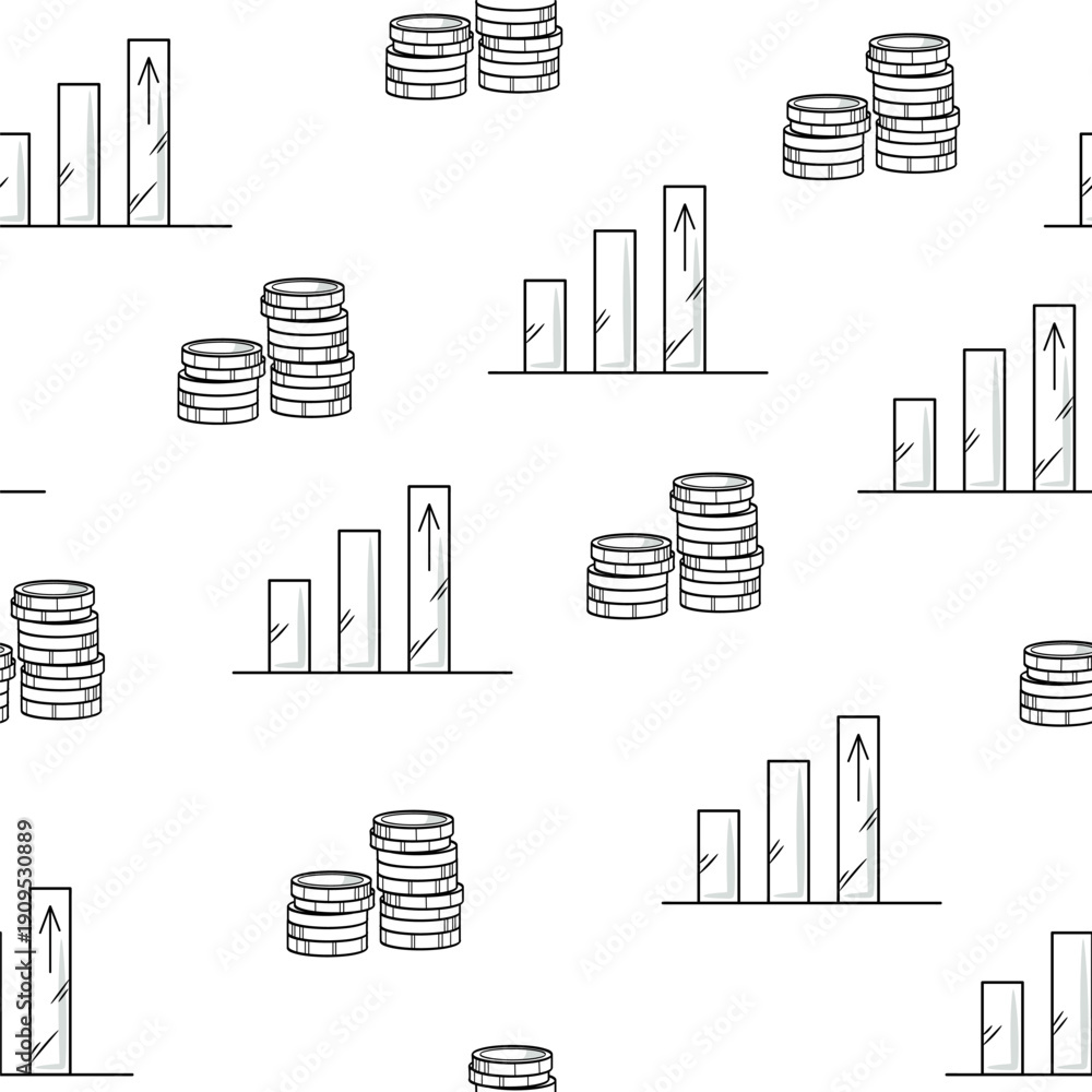 Obraz premium Seamless Finance Growth Pattern – Minimal Coin Stacks and Bar Chart Doodle Vector Background