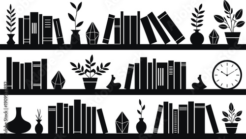 Black silhouette of three bookshelves filled with books plants and decorative objects Keywords: bookshelf, books, library