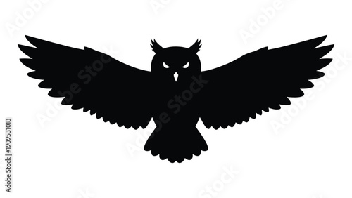 A majestic black owl with its wings spread wide in mid-flight against a white background. isolated on white background, Vector