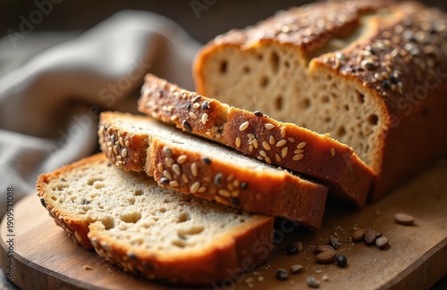 Freshly baked whole grain bread with seeds sits on a wooden board. Sliced loaf reveals a soft texture and appetizing crust. Perfect for healthy meals and snacks.