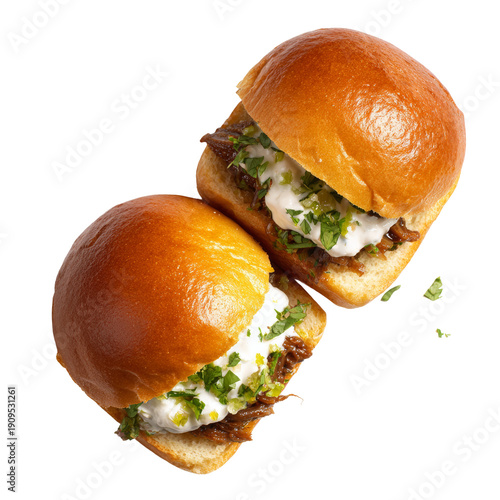 Two delicious sliders with fresh toppings and a soft bun, perfect for a quick snack. They're stacked together against a clean backdrop Isolated Transparent Background, PNG