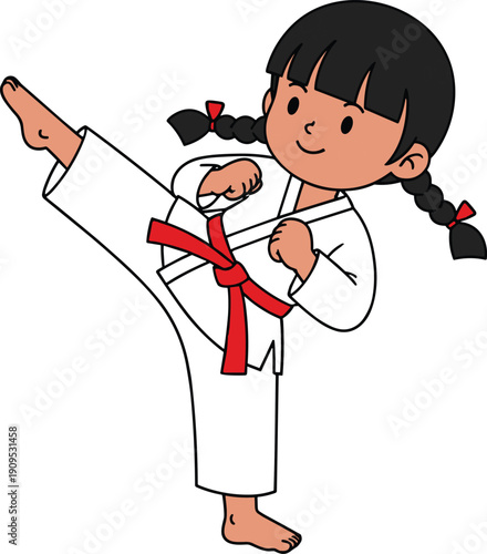 Cute cartoon illustration of a young girl with pigtails wearing a white martial arts uniform and red belt performing a high side kick