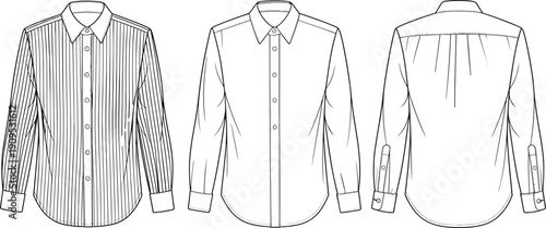 Technical flat sketch of a formal long sleeve button down dress shirt for men with front back and striped pattern views for fashion design