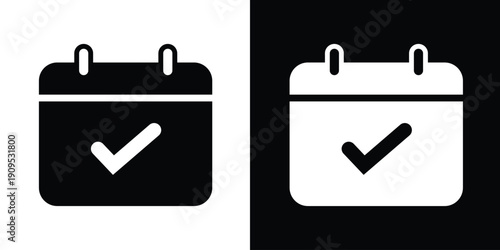 Calendar icon with a checkmark symbol, signifying completed tasks, confirmed appointments, or successful scheduling. Bold black and white vector for productivity apps.