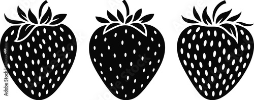 Three black silhouette strawberries with leaves on a white background strawberry fruit