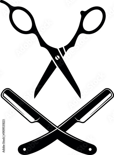 Barber scissors and straight razor crossed, classic haircut grooming symbol vintage illustration isolated on white - flavector
