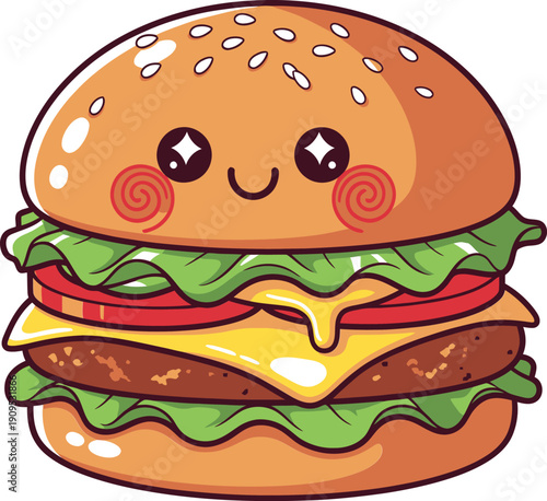 Cute cartoon hamburger with smiling face and sesame seed bun