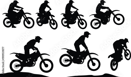 Silhouettes Of Motocross Riders Performing Stunts On White Background motorcycle