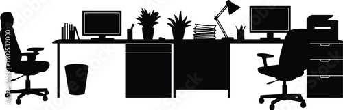 Office interior silhouette with desks chairs computers and plants monitor