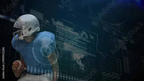 Animation of american football player holding ball over digital globe