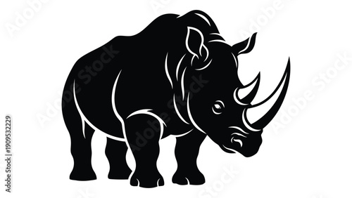 A powerful black and white illustration of a rhinoceros in a standing position. isolated on white background, Vector