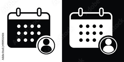 Calendar icon with a person or user symbol, representing personal schedules, staff shifts, or individual appointments. Versatile black and white vector for management software.