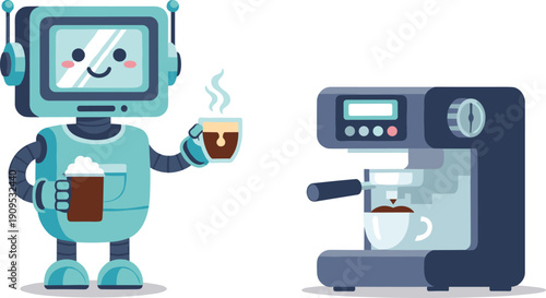 Cute friendly robot barista making coffee with espresso machine cartoon vector illustration for cafe technology concept