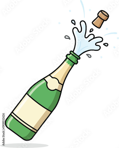 A green bottle of champagne and glasses with popping bubbles and a liquid splash celebrate a New Year party toast with a gold explosion isolated on white