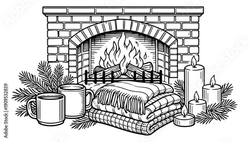 Hand drawn line art illustration of a cozy fireplace scene depicting warmth and comfort for winter holidays