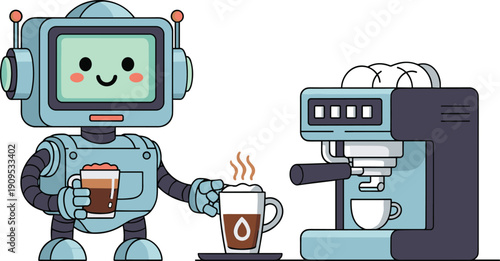 Cute robot barista serving hot coffee with espresso machine cartoon vector illustration for modern cafe technology concept