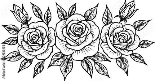 A seamless vintage floral pattern featuring a black and white rose tattoo design with elegant vector sketches of nature leaves and retro wedding flowers