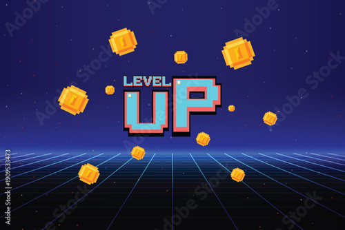 LEVEL UP icon. pixel art. 8 bit game. Retro Futurism Sci-Fi Background. glowing neon grid. and stars from vintage arcade computer games