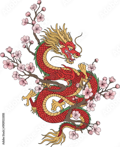 An ancient golden Chinese style dragon statue stands as a powerful symbol of oriental tradition and culture within a traditional temple architecture in Asia