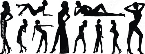 Collection of black silhouette female figures in various elegant poses woman girl