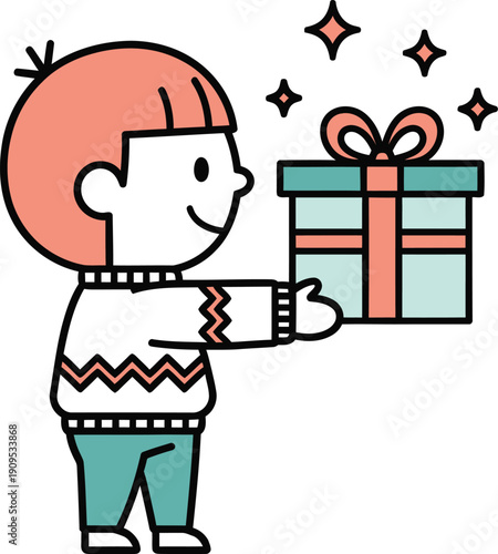 A cheerful cartoon girl holding a beautifully wrapped gift box with a bow