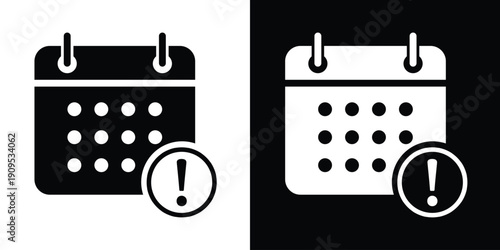 Calendar icon with an exclamation mark warning symbol. Flat vector design representing deadline alerts, urgent appointments, schedule conflicts, or important date reminders.