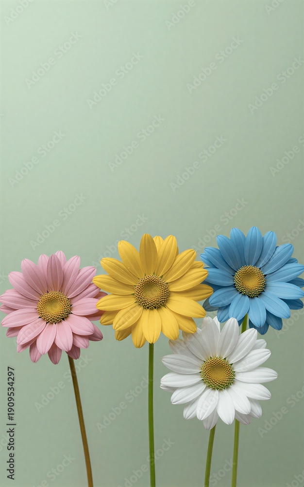 Obraz premium Five colorful daisiespink, yellow, blue, and whitestand tall against soft green backdrop.