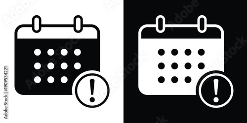 Calendar icon with an exclamation mark warning symbol. Flat vector design representing deadline alerts, urgent appointments, schedule conflicts, or important date reminders.