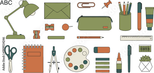 Complete green and orange workspace set with desk lamp stationery art supplies and office tools in textured flat style,