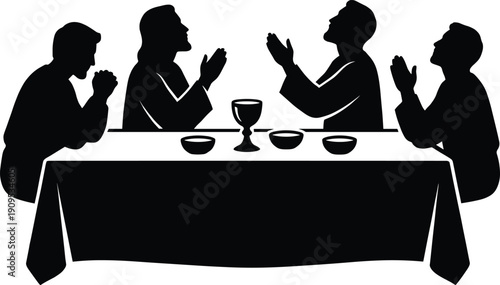 Black Silhouette of Jesus Christ and Disciples at the Last Supper Table Praying and Sharing Bread and Wine Isolated on White Background Vector Illustration