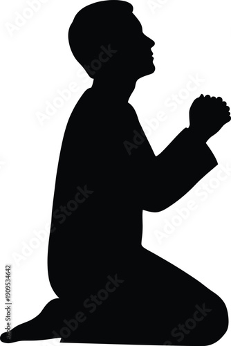 Black Silhouette of Man Praying on Knees with Hands Clasped in Prayer Isolated on White Background for Christian Religious Worship and Spiritual Devotion