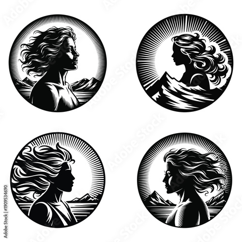 Four circular black and white portraits of women with flowing hair