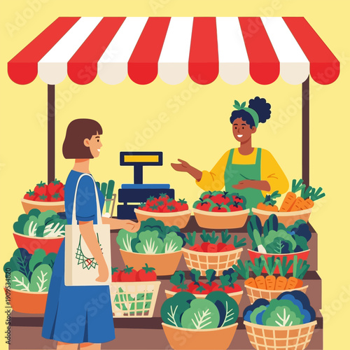 Customer buying fresh produce from vendor at outdoor market stall with colorful fruits and vegetables