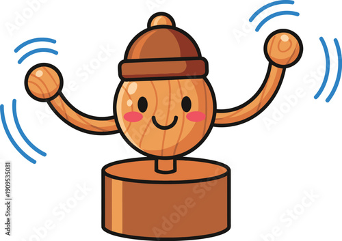 A cartoon wooden puppet with a happy face and arms raised in excitement
