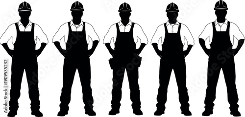 Five construction worker silhouettes, industrial teamwork labor concept illustration isolated on white background - flavector