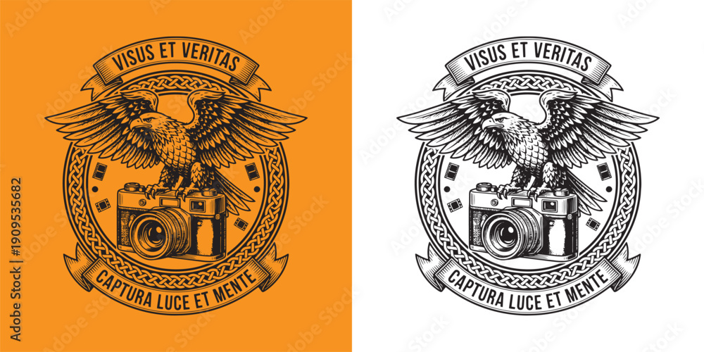 Fototapeta premium Majestic Eagle on Vintage Camera Photography Logo with Latin Motto