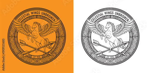 Celestial Pegasus Emblem with Broken Arrows and Celtic Border