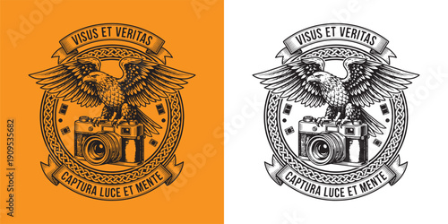 Majestic Eagle on Vintage Camera Photography Logo with Latin Motto