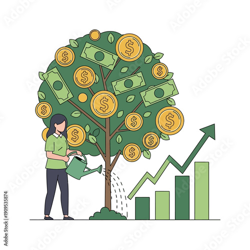 Woman watering money tree with coins and banknotes for financial growth