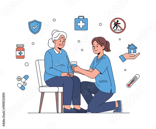 Professional caregiver providing thoughtful assistance to a senior woman, representing home care, health support, safety, and wellbeing services for elderly individuals