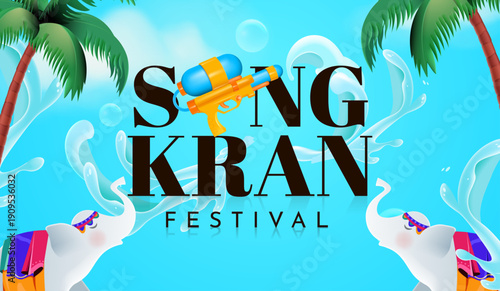 Songkran Festival 2026 Summer Water Fight Illustration with Palm Trees. Songkran Poster design vector illustration