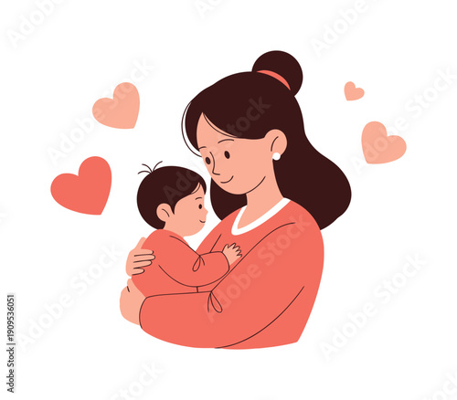 A loving Asian mother gently holds her infant child, surrounded by floating hearts, symbolizing maternal care and family bond for childcare products and heartwarming family advertisements.