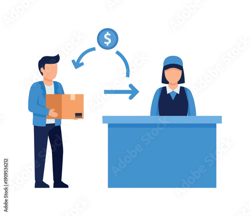 Customer hands over a delivery package to a service agent receiving payment in return, illustrating commerce, logistics, and refund processes for business applications.