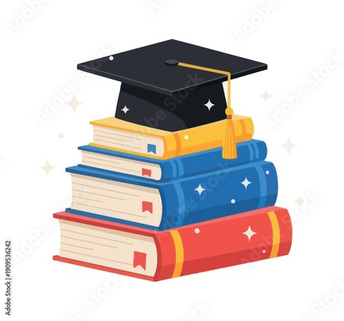A stack of colorful academic books topped with a black graduation cap and golden tassel represents educational achievement, dedicated study, and success in learning programs and university