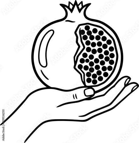 Woman hand holding a healthy sliced pomegranate with seeds, representing freshness and natural food. Vector illustration for product packaging