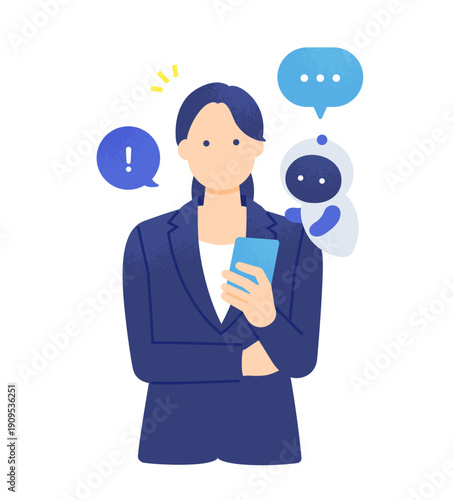スマホを見る女性にAIがアドバイス。AIの提案でひらめくビジネスウーマンのベクターイラスト素材。
