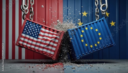 Wallpaper Mural US and EU shipping containers collide causing debris to scatter. Representing trade dispute and economic conflict between America and Europe. Torontodigital.ca