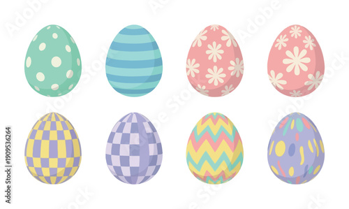 Assortment of vibrant pastel Easter eggs featuring various festive patterns including polka dots, stripes, and floral designs, perfect for springtime holiday celebrations and seasonal
