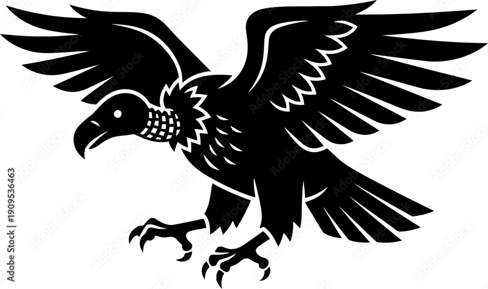 Fototapeta premium Vulture or condor bird in black and white style with spread wings in attack or landing pose concept vector illustration